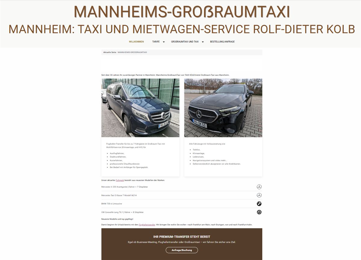 Startseite von mannheims-grossraumtaxi.de mit Mercedes V-Klasse und E-Klasse Taxi